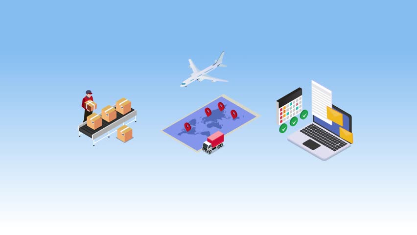 Global Logistics and Supply Chain – Isometric Illustration of Shipping, Tracking, and Delivery System 3d animation cartoon