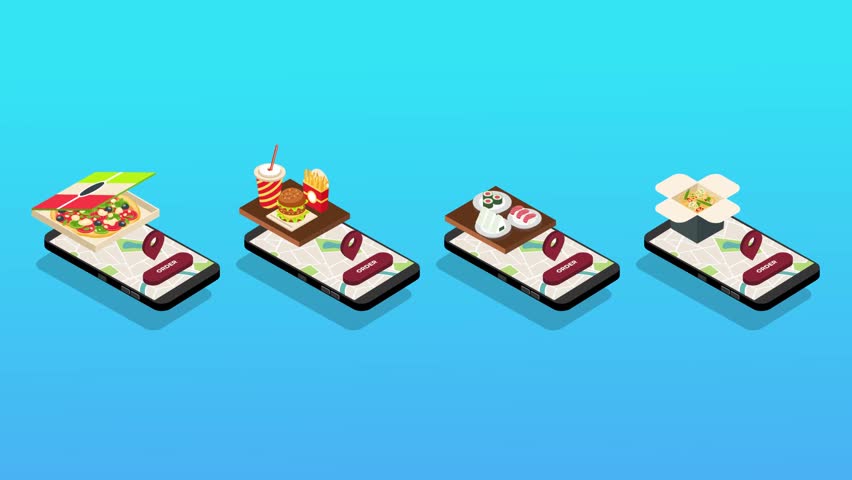 Online Food Delivery – Isometric Concept of Mobile Ordering with Various Cuisines 3d animation cartoon
