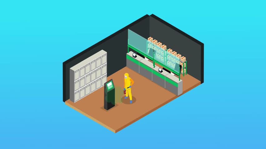 Automated Package Locker and Contactless Delivery System – Isometric Smart Logistics Concept with Worker in Hazmat Suit 3d animation cartoon