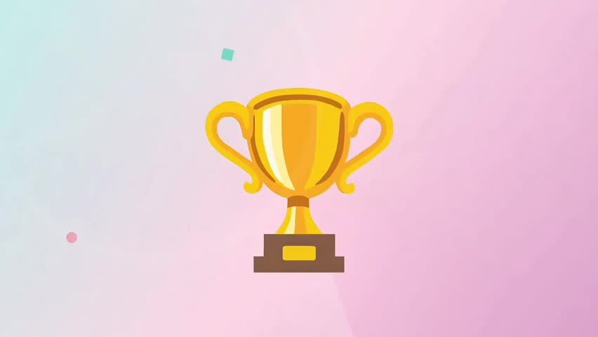 Golden trophy cup with wobbling animation on soft pastel gradient background. Perfect for achievement videos, winner announcements, and success celebrations.
