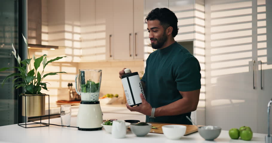 Man, powder and blender for health shake, diet and protein supplements for smoothie at home. Person, machine and bodybuilder for muscle growth, nutrition or happy with product for benefits at house