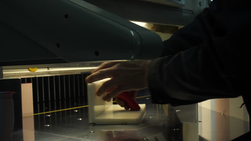 Man putting pack of flyers in automated cutting machine equipment in printing house. Process of production printing products in print office, typography. Manufacturing, industrial plant, business.