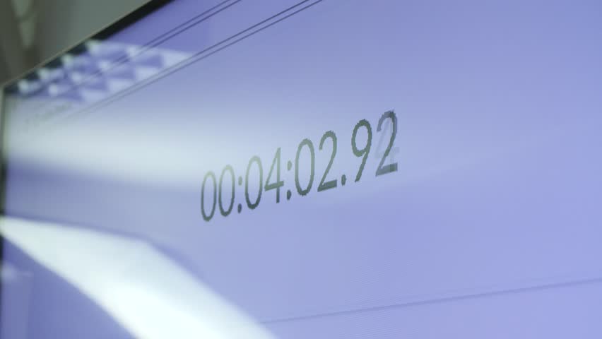 Countdown on huge screen on four minutes. Time before starting broadcast, classes, lectures, webinar, training. Business training, completing tasks on time, time limit concept.