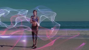 Fitness model shifting weight on beach, guiding neon ribbons into spiraling column for fitness demo. Fitness, technology, dynamic, modern, energetic, art, movement - Powered by Shutterstock - Get 15% off with code: PIKWIZARD15