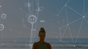 Frames advancing initiating health overlay with charts mapping neural activity around sitting woman. Meditation, mindfulness, wellness, digital, visualization, serenity, environment - Powered by Shutterstock - Get 15% off with code: PIKWIZARD15