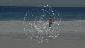 Man stepping into ocean and activating glowing tech sphere visualizing data connectivity. Seascape, connectivity, technology, advancement, tranquility, digitalart, innovation - Powered by Shutterstock - Get 15% off with code: PIKWIZARD15