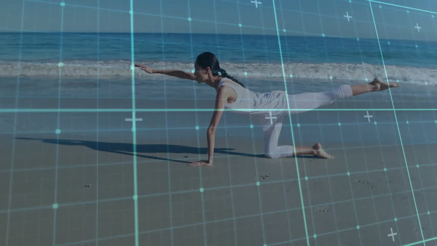 Woman shifting weight repeating Bird Dog extensions on beach with grid overlay boosting fitness. Fitness, yoga, outdoor, serene, mindfulness, wellness, digital overlay