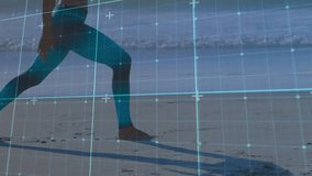 Yoga instructor lunging on ocean shore flowing into pose with grid overlay tracking alignment. Wellness, mindfulness, meditation, fitness, serenity, harmony, digital - Powered by Shutterstock - Get 15% off with code: PIKWIZARD15