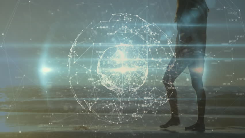 Woman entering sunlit beach and activating hologram while studying digital network with dog running. Futuristic, connectivity, exploration, technology, serenity, innovation, digital - Powered by Shutterstock - Get 15% off with code: PIKWIZARD15