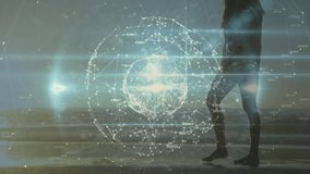 Woman entering sunlit beach and activating hologram while studying digital network with dog running. Futuristic, connectivity, exploration, technology, serenity, innovation, digital - Powered by Shutterstock - Get 15% off with code: PIKWIZARD15