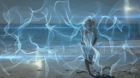 Adult woman emerging from digital veil on beach causing ribbons swirling around her in tech demo. Futuristic, serenity, motion, ethereal, coastal, minimalistic, elegance - Powered by Shutterstock - Get 15% off with code: PIKWIZARD15