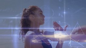 Woman stretching arm as holographic shapes fading in syncing motion for gesture control demo. Futuristic, technology, fitness, digital, abstract, motion, vibrant - Powered by Shutterstock - Get 15% off with code: PIKWIZARD15