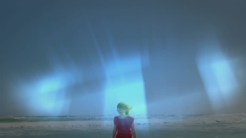 Tech demo showing bluish portal hovering above surf initiating woman appearing and stepping ashore. Fantasy, teleportation, mystical, vibrant, adventure, coastal, surreal