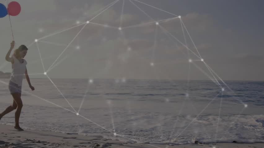Woman holding balloons running shoreline net overlay showing tech connection upon entering beach. Seaside, vitality, minimalist, digital, freshness, recreation, connectivity - Powered by Shutterstock - Get 15% off with code: PIKWIZARD15