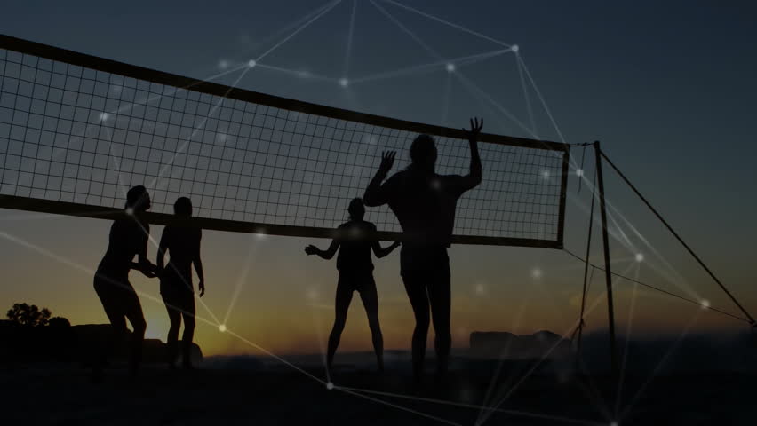 Sports volleyball players serving on sunset beach, volleying with network overlay extending rally. Athletics, teamwork, summer, outdoors, activity, fitness, dynamic