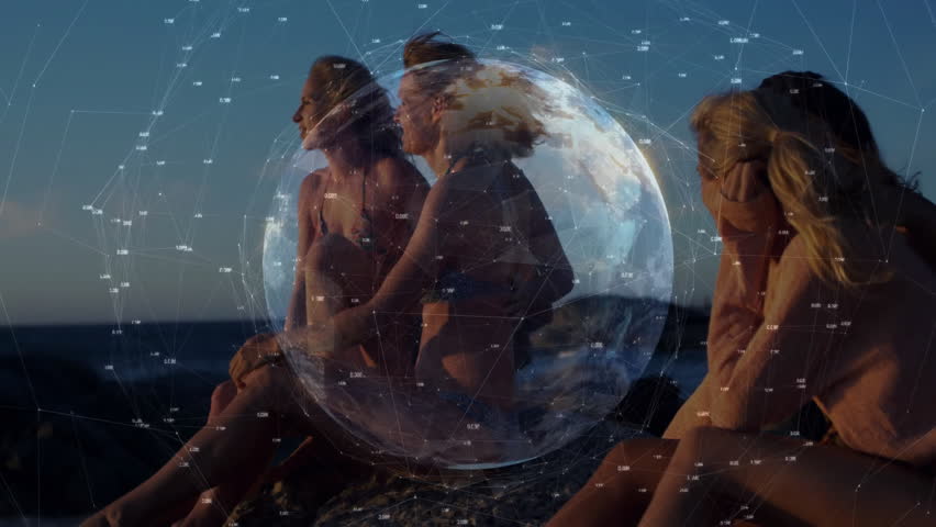 Sunset light bathing three women on shore tech globe emerging rotating with pulsing network nodes. Voyage, exploration, connectivity, innovation, tranquility, friendship, digital
