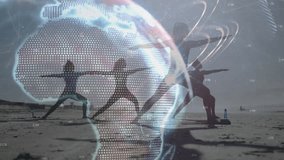 Instructor guiding four women bending into Warrior II as rotating data globe over beach for health. Fitness, wellness, mindfulness, natural, outdoor, relaxation, synchronized - Powered by Shutterstock - Get 15% off with code: PIKWIZARD15