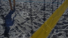 Female athlete entering court under yellow strap spotting ball lunging digging with tech overlay. Athletics, fitness, sport, digital, silhouette, outdoor, energetic - Powered by Shutterstock - Get 15% off with code: PIKWIZARD15