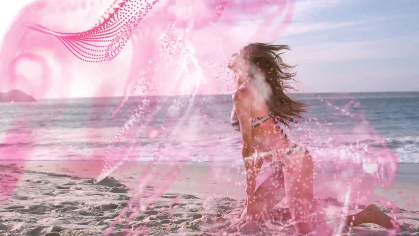 model kneeling on beach in striped bikini starting swirling pink fluid accentuating beauty shot. Serenity, elegance, movement, glamour, inspiration, nature, vitality