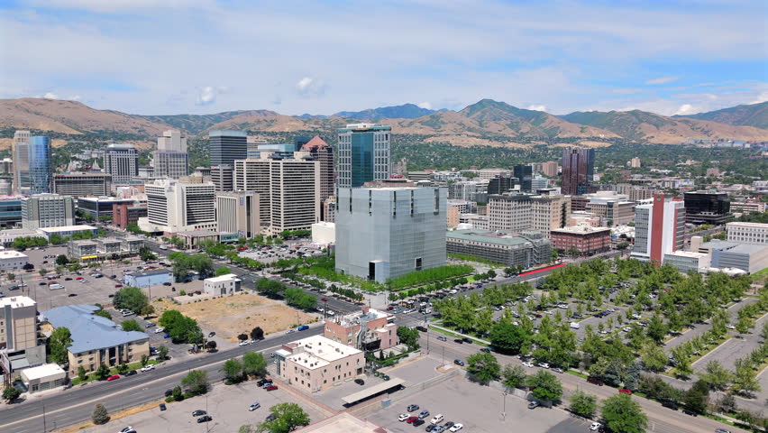Salt Lake City 07.03.2025. Aerial views brilliantly showcase the vibrant skyline of Salt Lake City, highlighting its stunning modern architecture while picturesque mountains grace the background