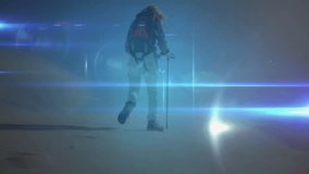 Male hiker walking with poles across plain activating user icon and expanding digital network. Adventure, exploration, technology, connectivity, outdoors, innovation, pathfinding - Powered by Shutterstock - Get 15% off with code: PIKWIZARD15