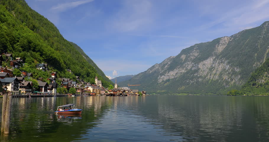 Locked down 4K motion view of Lake Hallstatt in the Austrian mountain region,Hallstatt is a small town in the district of Gmunden, Hallstatt, Austria, Europe, 08-19-2023