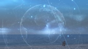 Female runner entering from right activating hologram displaying fitness data via smartphone. Beach, outdoor, fitness, technology, data visualization, athletic, recreation - Powered by Shutterstock - Get 15% off with code: PIKWIZARD15