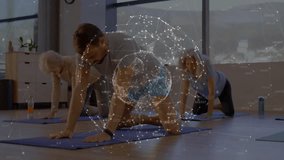 Yoga coach shifting knee, guiding seniors to hip stretch for flexibility with digital globe overlay. Wellness, mindfulness, serenity, flexibility, connection, relaxation, digital - Powered by Shutterstock - Get 15% off with code: PIKWIZARD15