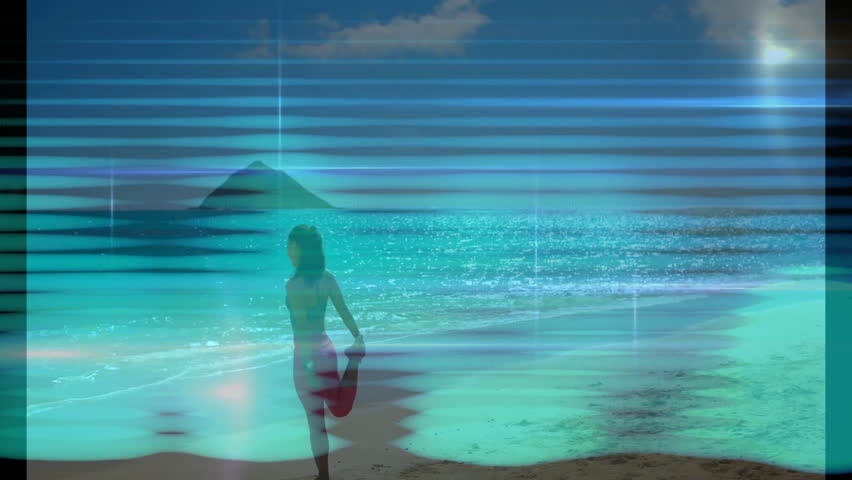 Female athlete releasing foot from fitness pose and walking along tropical beach with glitch effect. Fitness, coastline, serenity, digital art, wellness, outdoor activity, abstract