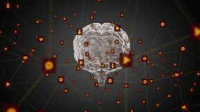 Starting with semi-transparent 3D brain over grid rotating and pulsing icons mapping connections. Neuroscience, data, visualization, digital, technology, connectivity, innovation - Powered by Shutterstock - Get 15% off with code: PIKWIZARD15