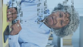 Animation of shapes over senior african american woman having video call. Global business and digital interface concept, digitally generated video. - Powered by Shutterstock - Get 15% off with code: PIKWIZARD15