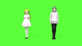 Animated 3D characters dancing in front of a green screen background. Anime-inspired virtual idols performing synchronized dance moves, suitable for chroma key compositing, VTuber production, or digit - Powered by Shutterstock - Get 15% off with code: PIKWIZARD15