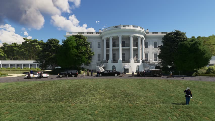 3D - Drone aerial shot of Pennsylvania Avenue and the White House in Washington DC. United States
