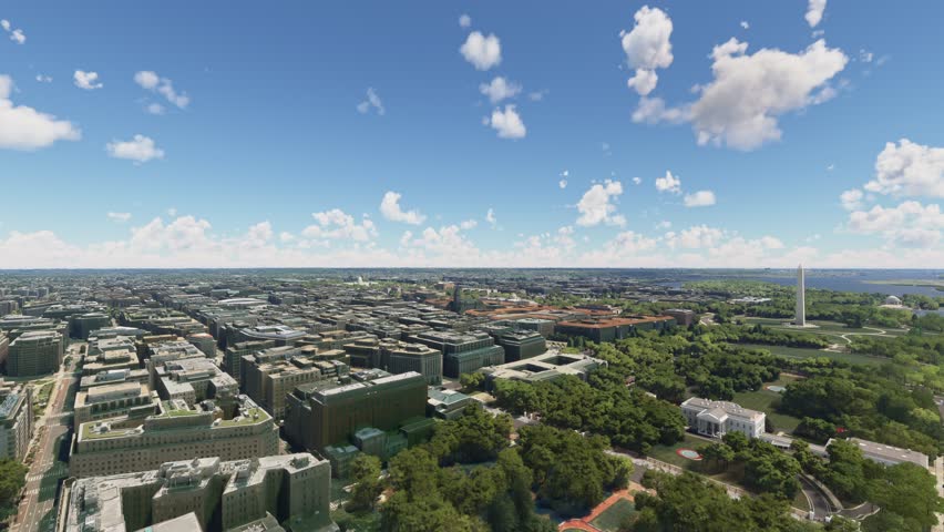 3D - Drone aerial view of Pennsylvania Avenue and the White House in Washington DC. United States