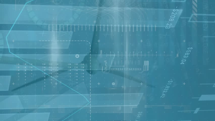 Animation of interface with statistical data processing over spinning windmill against blue sky. Business data and renewable energy technology concept - Powered by Shutterstock - Get 15% off with code: PIKWIZARD15
