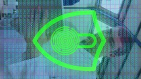 Animation of security padlock icon over two diverse discussing over digital tablet and shaking hands. Electronics repair service and technology concept - Powered by Shutterstock - Get 15% off with code: PIKWIZARD15