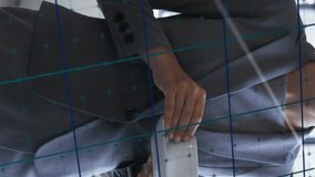 Animation of graphs over grid pattern, diverse coworkers discussing during tea break in office. Digital composite, multiple exposure, report, business, three dimensional, drink and growth concept. - Powered by Shutterstock - Get 15% off with code: PIKWIZARD15