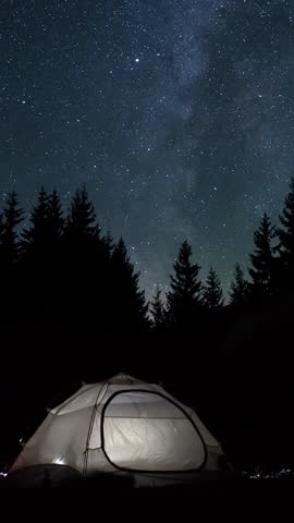 Illuminated tent under starry sky in forest at night, surrounded by tall pine trees, Glowing camping tent in dark forest with a sky full of stars and silhouette of pine trees, vertical footage