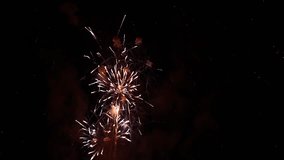 several fireworks are seen exploding in the night sky. The fireworks emit white, red, and gold lights, creating beautiful patterns in the darkness. - Powered by Shutterstock - Get 15% off with code: PIKWIZARD15