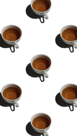 Pattern with many tea cups animated on white background. Tea mugs with hot drink move in different directions, vertical footage
