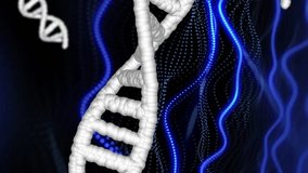 DNA strands and blue waves, scientific data processing animation. Science, technology, genetics, research, biotechnology, bioinformatics - Powered by Shutterstock - Get 15% off with code: PIKWIZARD15