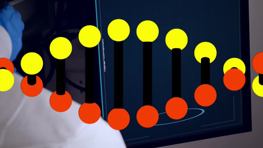 DNA strand animation over scientist analyzing data on computer screen. Science, research, genetics, biotechnology, laboratory, data analysis - Powered by Shutterstock - Get 15% off with code: PIKWIZARD15