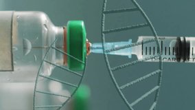 Syringe drawing liquid from vial with DNA strands animation over medical background. Vaccination, healthcare, biotechnology, laboratory, research, genetics - Powered by Shutterstock - Get 15% off with code: PIKWIZARD15