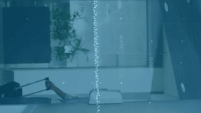 Data processing animation over people waiting for elevator in office building. Technology, business, corporate, indoors - Powered by Shutterstock - Get 15% off with code: PIKWIZARD15