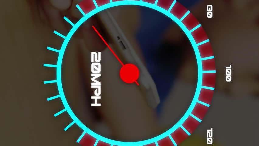 Animating speedometer showing 110 MPH over children using smartphones in school. Technology, education, gadgets, learning, modern, students