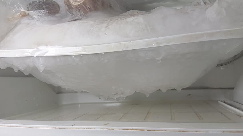 Freezer compartment with the door open. The freezer, covered in snow and ice, was opened to defrost