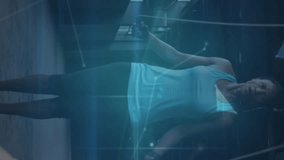 Animation of network of connections and globe over african american woman exercising. Global connections, sport and digital interface concept digitally generated video. - Powered by Shutterstock - Get 15% off with code: PIKWIZARD15