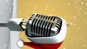 Animation of retro microphone with santa hat over winter scenery on yellow background. christmas, tradition and celebration concept digitally generated video. - Powered by Shutterstock - Get 15% off with code: PIKWIZARD15