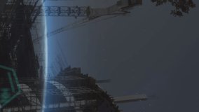 Animation of programming language, abstract patterns over globe against under construction building. Digital composite, multiple exposure, globalization, illuminated, coding and technology concept. - Powered by Shutterstock - Get 15% off with code: PIKWIZARD15