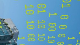 Animation of binary coding data processing over tall buildings against blue sky. Computer interface and business technology concept - Powered by Shutterstock - Get 15% off with code: PIKWIZARD15